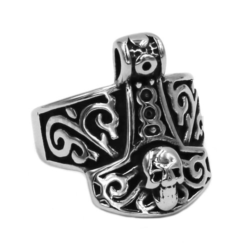 Norse Tribal Symbol Myth Thor Hammer Ring 316L Stainless Steel Jewelry Celtic Knot Motor Biker Skull Men Ring Wholesale SWR0759 - Click Image to Close